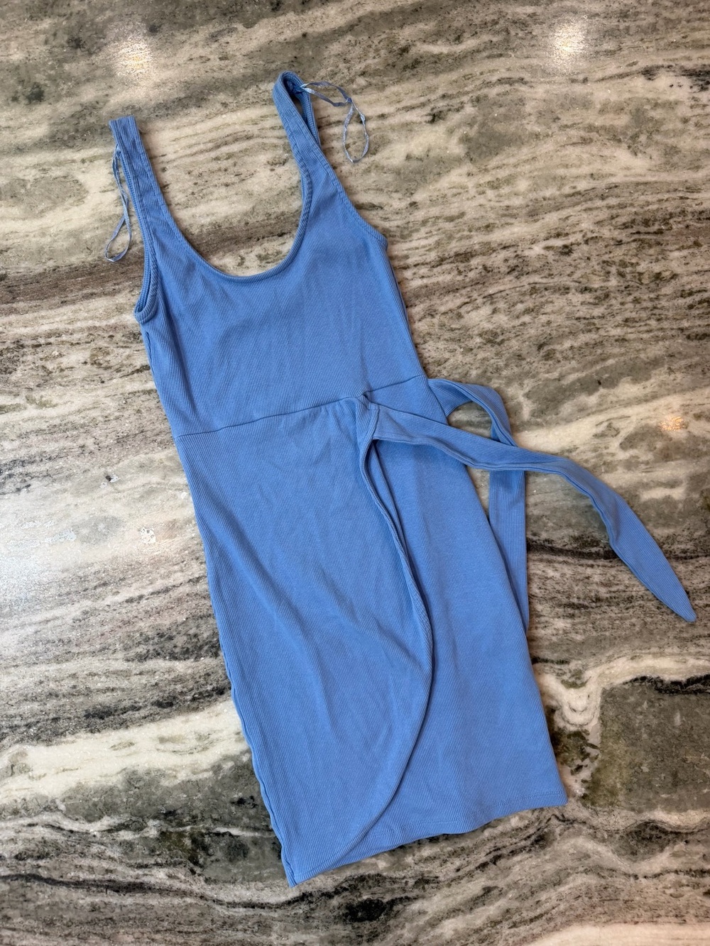 Zara Light Blue Tie-Waist Ribbed Sleeveless Mini Dress